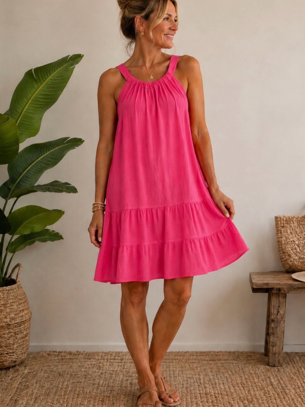 Women’s Sleeveless Tiered Dress in Hot Pink